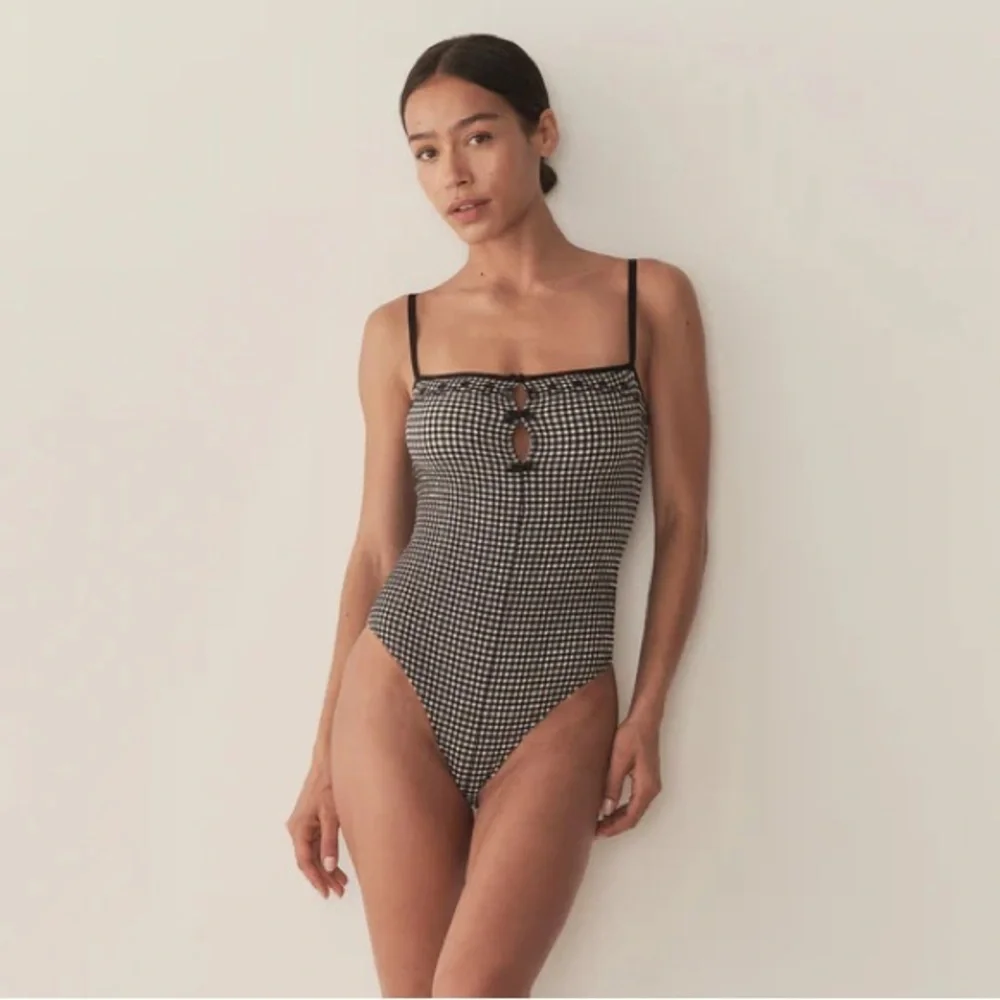NWT Doen Adrielle Maillot Bow One Piece Swim Suit La Maddalena Gingham Black - Picture 2 of 15